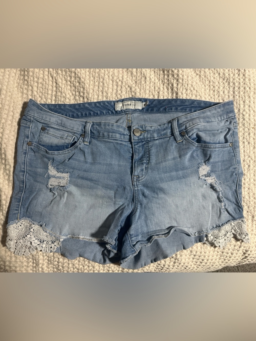 torrid Light Wash Denim Shorts with Lace Trim